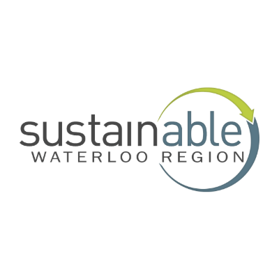 The image displays the logo for Sustainable Waterloo Region, featuring stylized text and a circular green-blue arrow design on a black background.