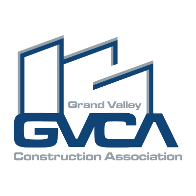 Logo for Grand Valley Construction Association features stylized buildings and bold letters "GVCA" on a black background.