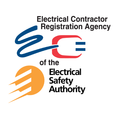 Logo of the Electrical Contractor Registration Agency with stylized blue and red wiring, and an orange and black circular emblem at the bottom.