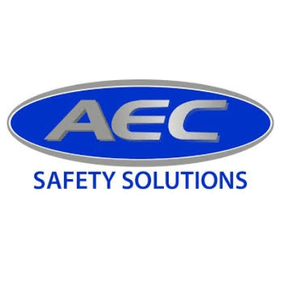 Logo for AEC Safety Solutions, featuring bold, silver lettering on a blue oval background. Text below reads "Safety Solutions" in blue.