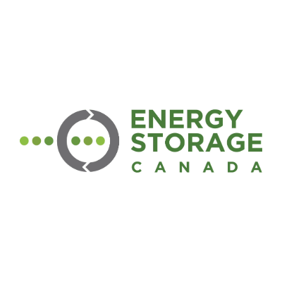 The image features the logo of Energy Storage Canada with green and gray circular design elements on a black background.