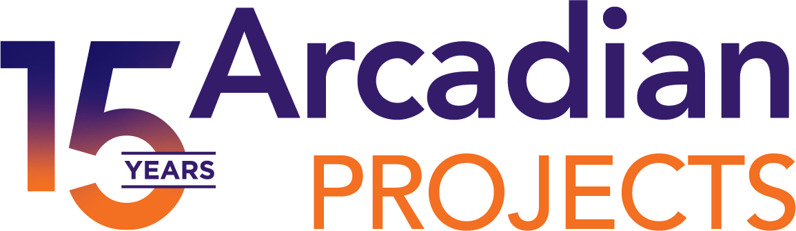 Logo featuring "15 Years" and "Arcadian Projects" in purple and orange gradient text on a black background. Celebrates anniversary milestone.