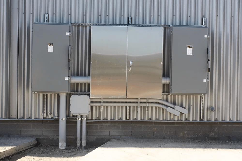 A metal utility panel with multiple compartments is mounted on a corrugated wall, featuring various pipes and conduits beneath on a sturdy base.