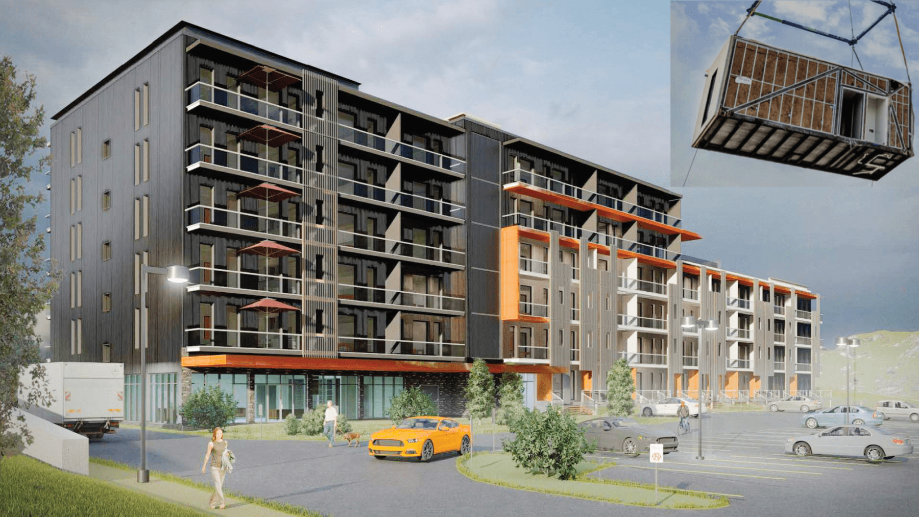 Modern apartment building with balconies, parked cars, and a person walking. Modular construction unit being lifted in the inset. Urban setting.