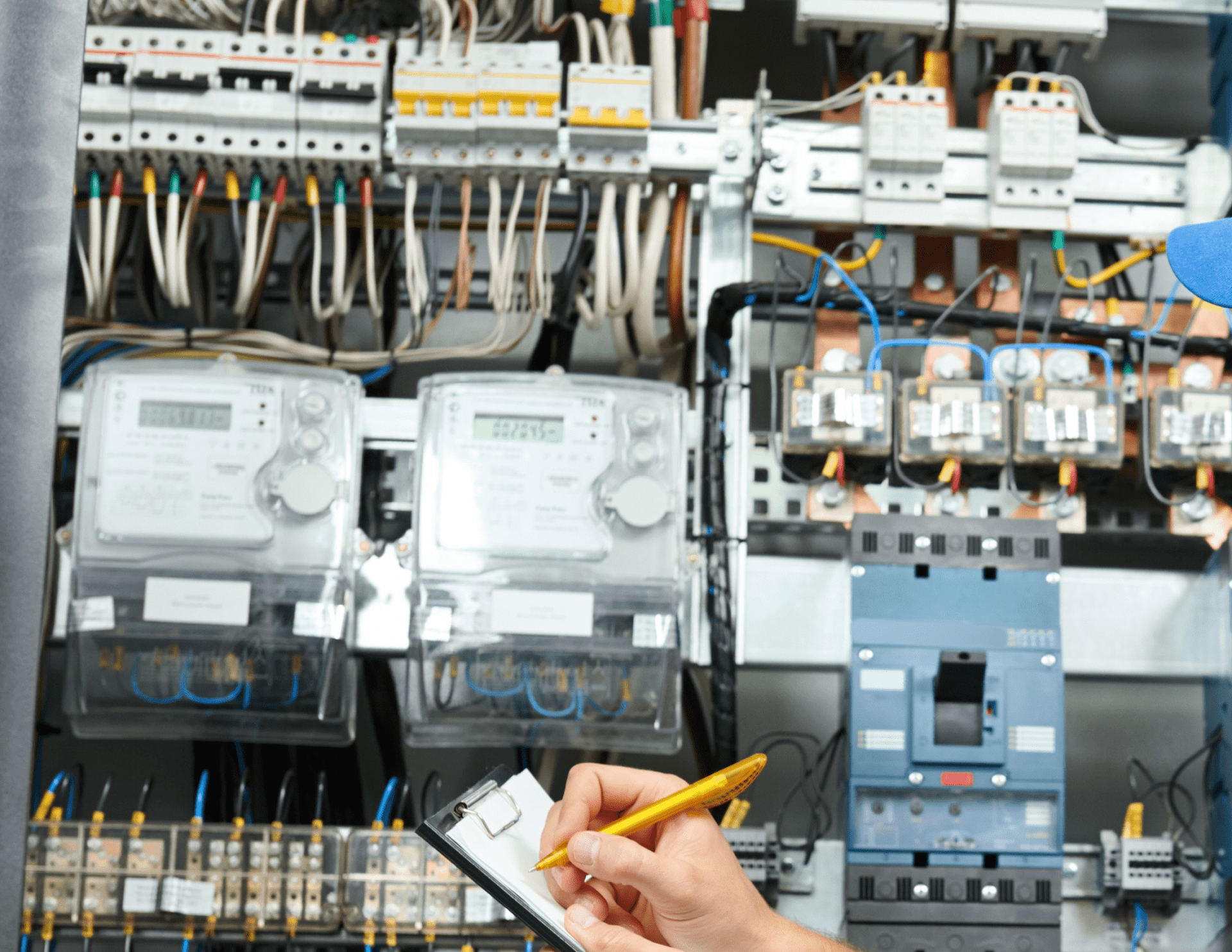 Person with clipboard examines electrical panel, filled with wires and meters. Blue hat partially visible; focused on recording data and inspecting connections.