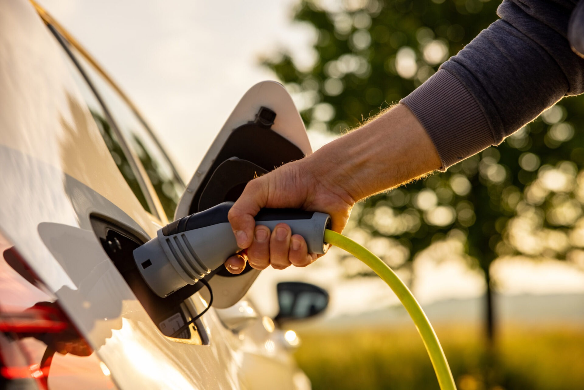 A person plugs an electric car into a charging port outdoors, surrounded by greenery and a blurred tree under a clear sky.