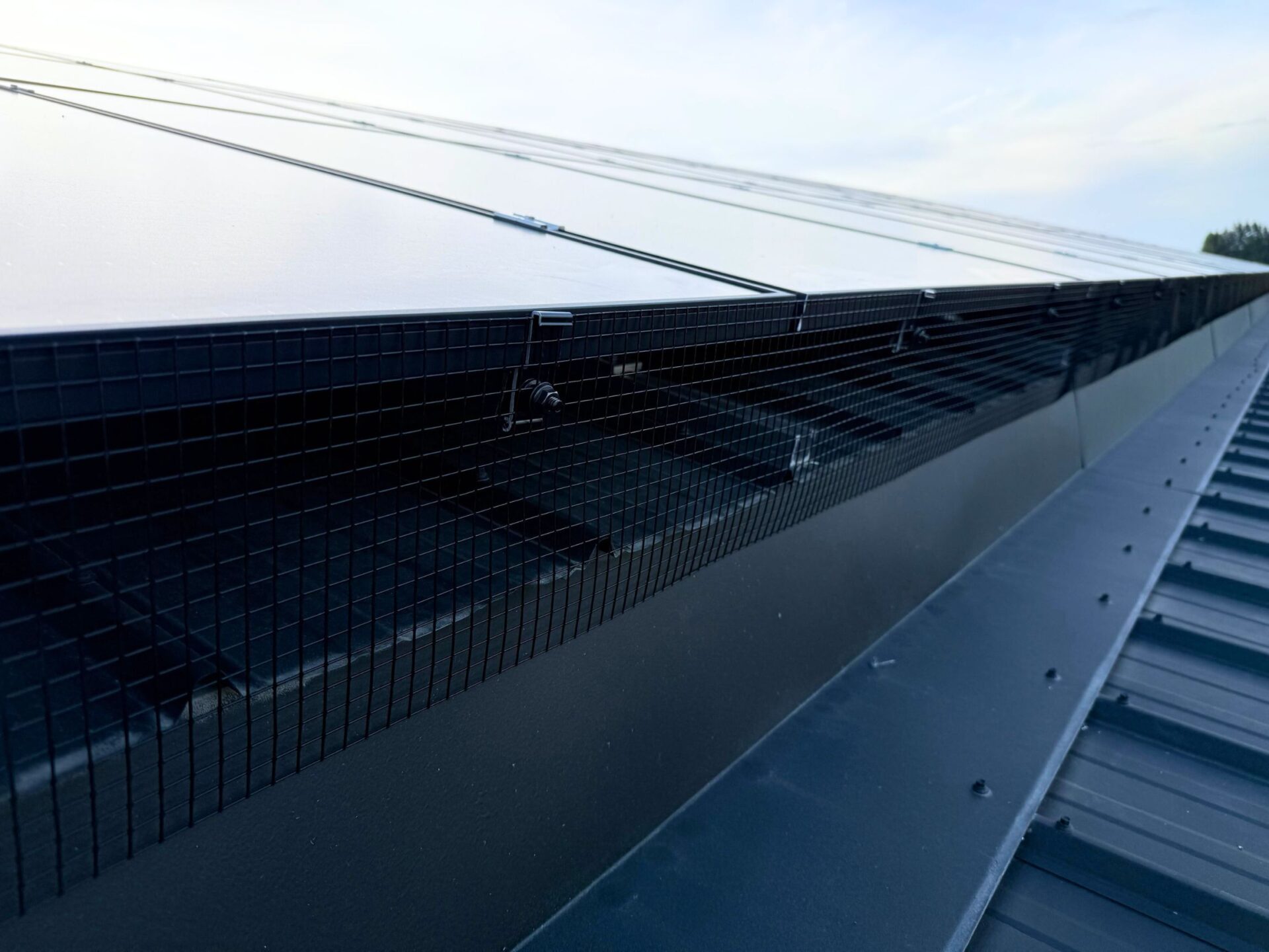 Solar pest guard installed beneath commercial PV panels at Terra Nova. Spa & Cafe.