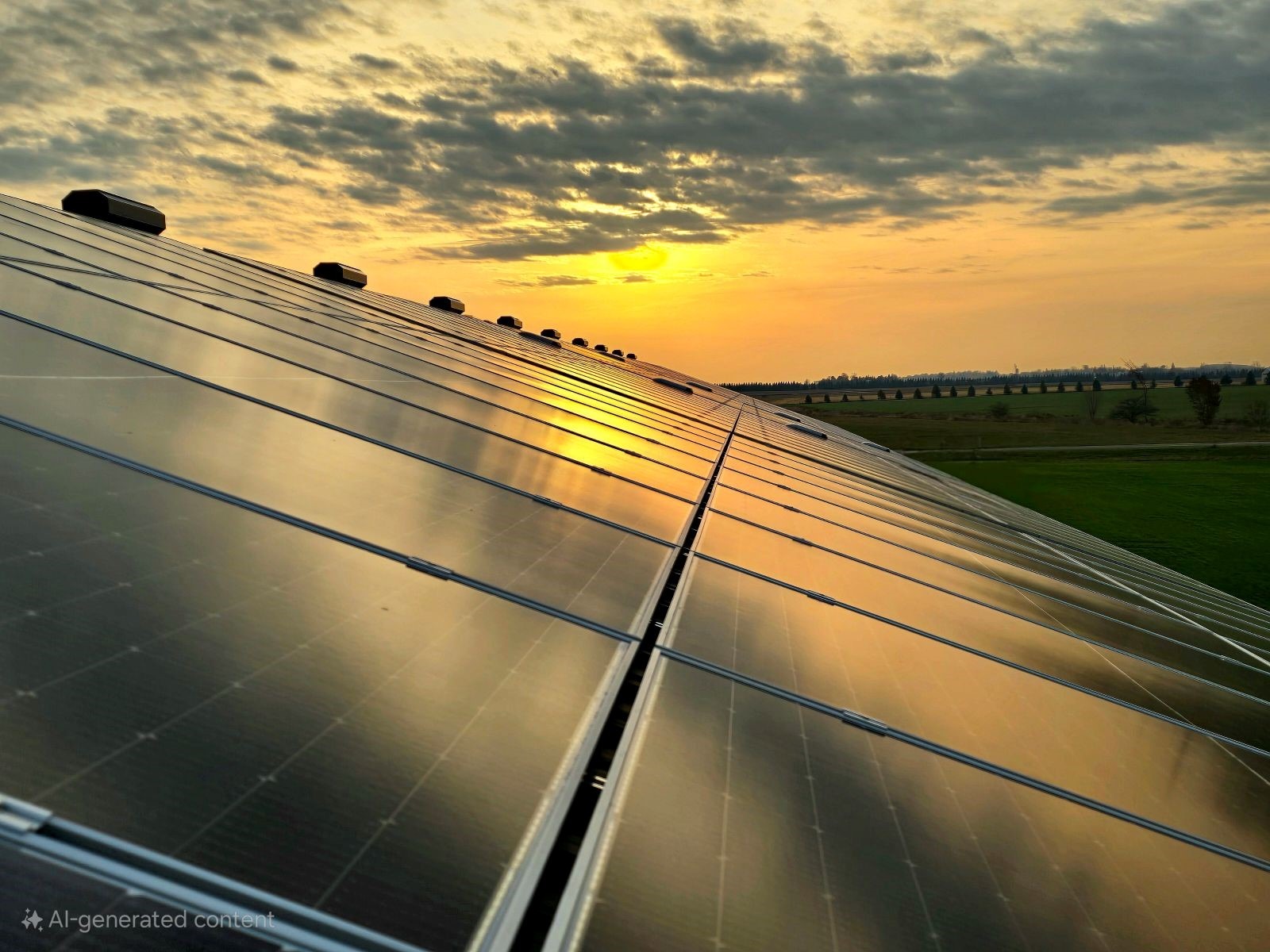 Solar panels with the sun rising in the background.